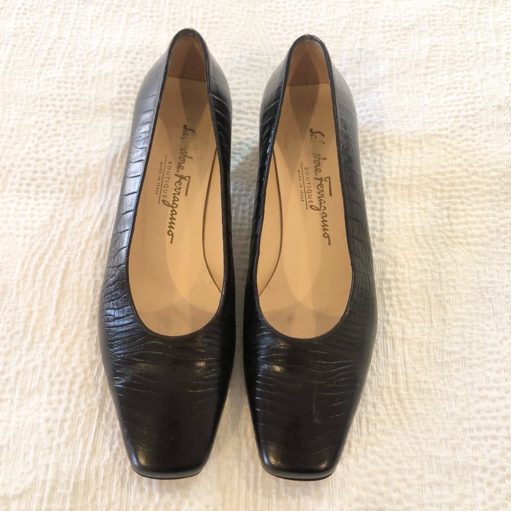 Salvatore Ferragamo Black Crocodile Embossed Pump